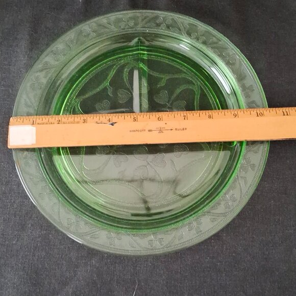 Vintage Depression Glass Hazel Atlas Green Cloverleaf 3 Part Grill Plate 10.25" - Picture 4 of 6
